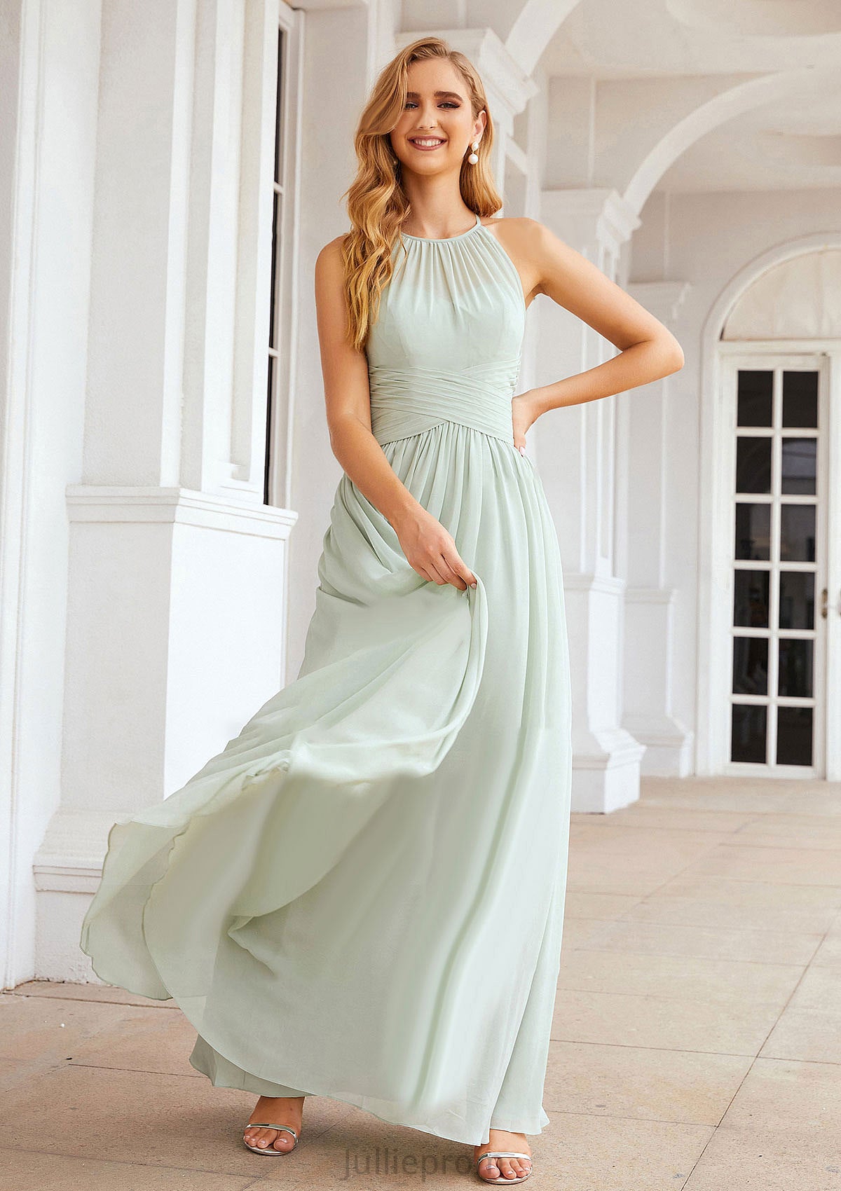 A-line Halter Sleeveless Long/Floor-Length Chiffon Bridesmaid Dresses With Pleated Florence DQP0025325