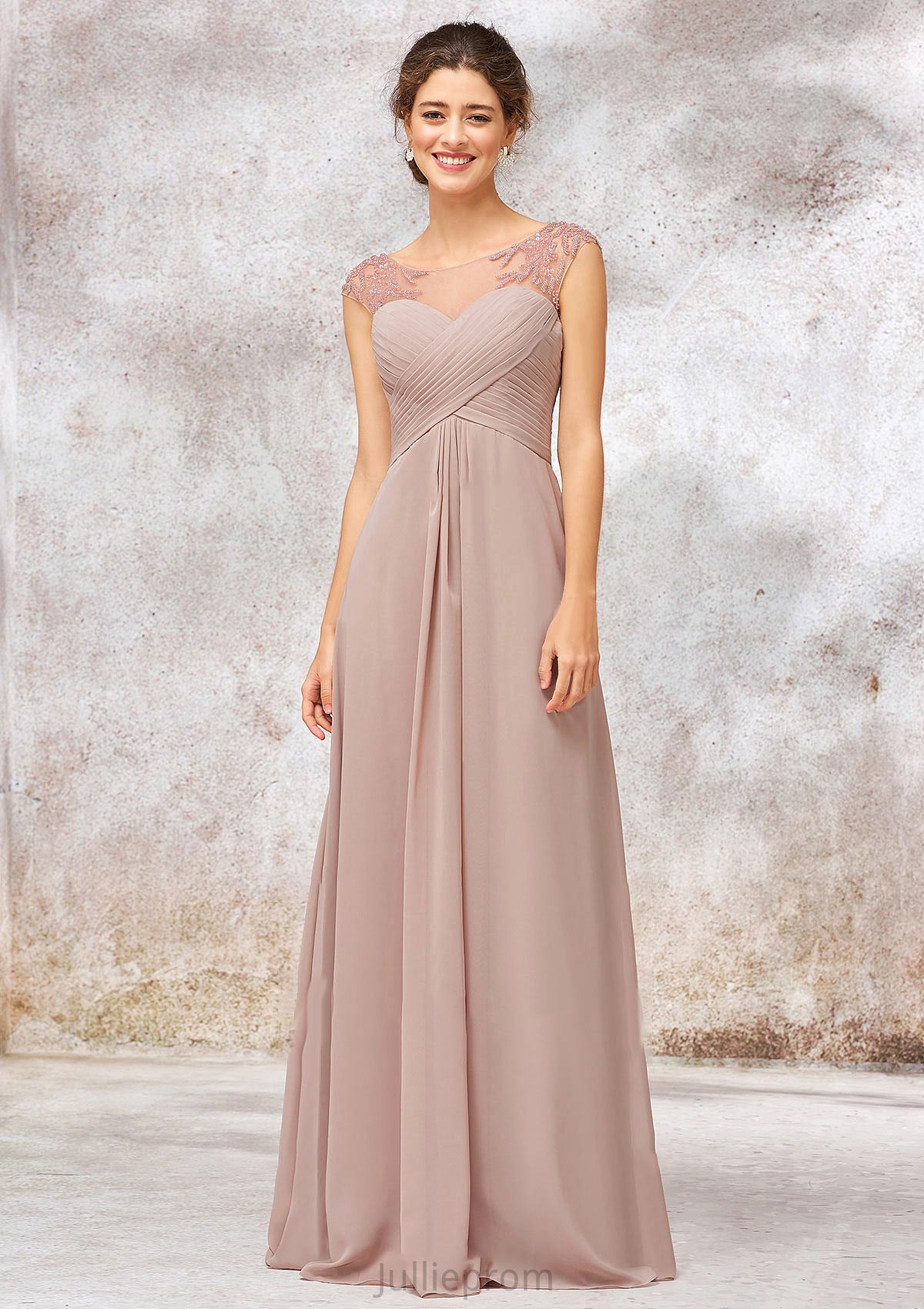 Illusion Neck Long/Floor-Length Chiffon A-line/Princess Bridesmaid Dresses  With Sequins Pleated Beading Willow DQP0025334