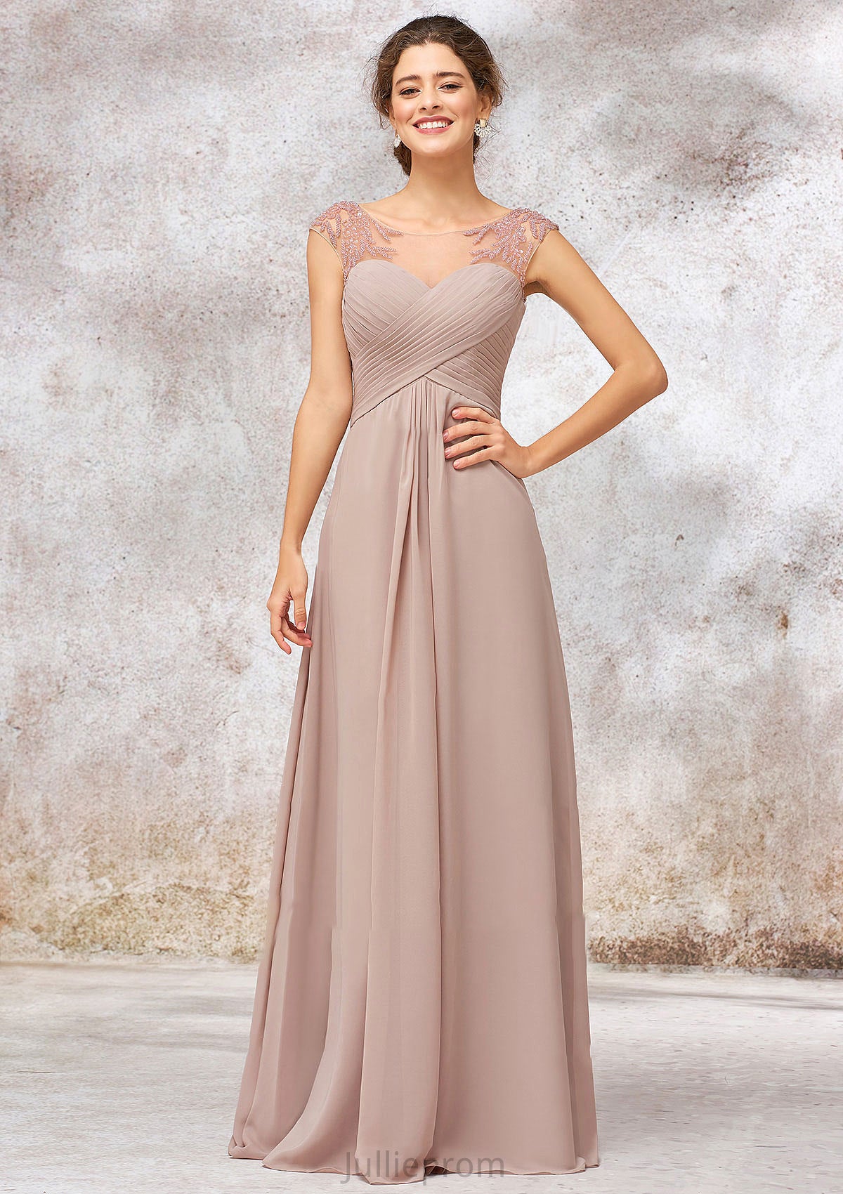 Illusion Neck Long/Floor-Length Chiffon A-line/Princess Bridesmaid Dresses  With Sequins Pleated Beading Willow DQP0025334