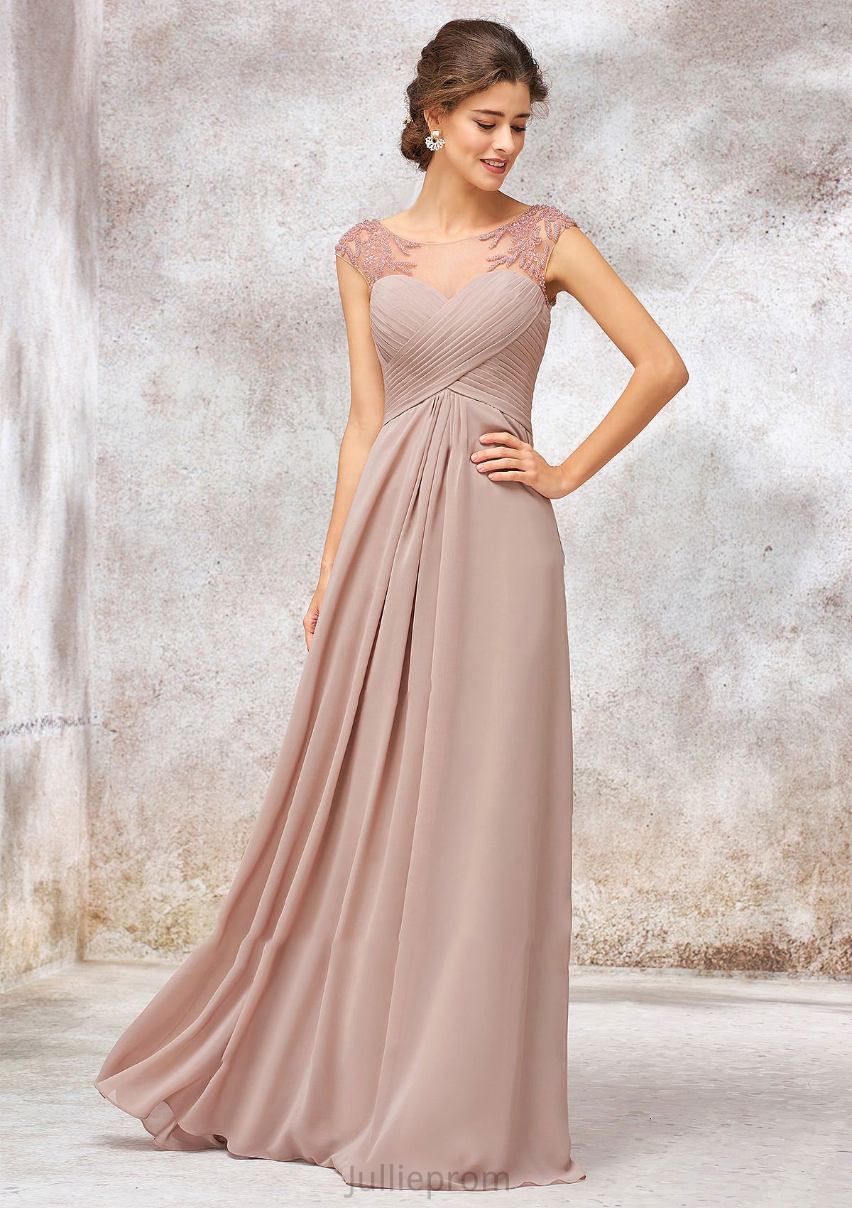 Illusion Neck Long/Floor-Length Chiffon A-line/Princess Bridesmaid Dresses  With Sequins Pleated Beading Willow DQP0025334