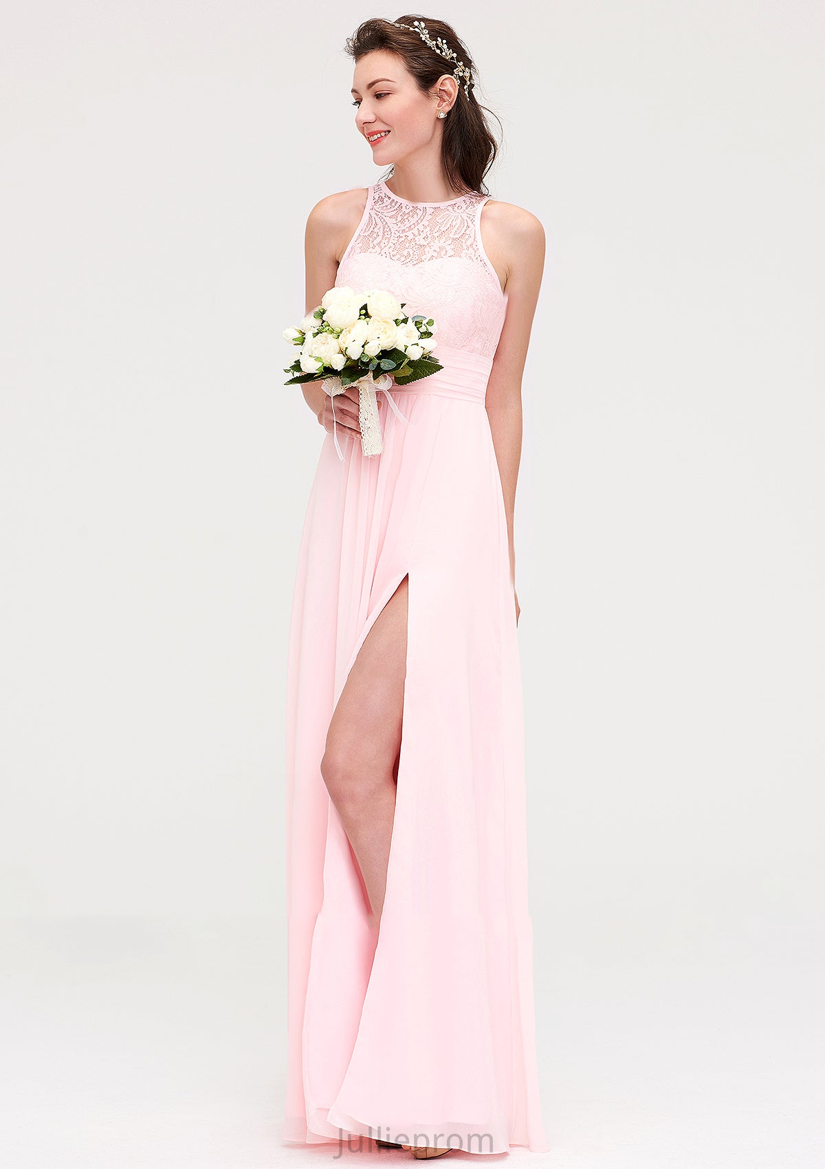 Sleeveless Scoop Neck Chiffon A-line/Princess Long/Floor-Length Bridesmaid Dresseses With Split Lace Jaylyn DQP0025349