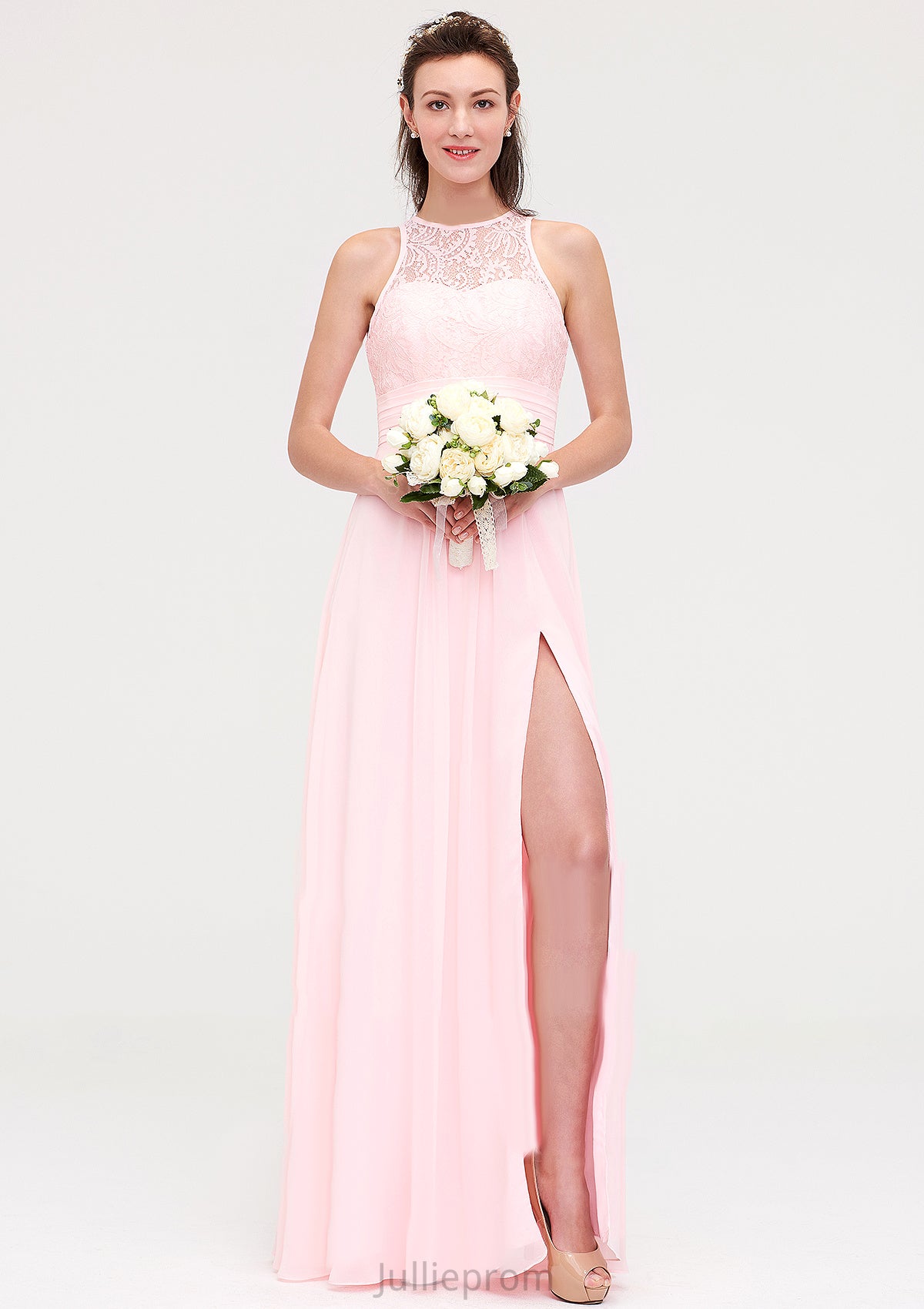 Sleeveless Scoop Neck Chiffon A-line/Princess Long/Floor-Length Bridesmaid Dresseses With Split Lace Jaylyn DQP0025349