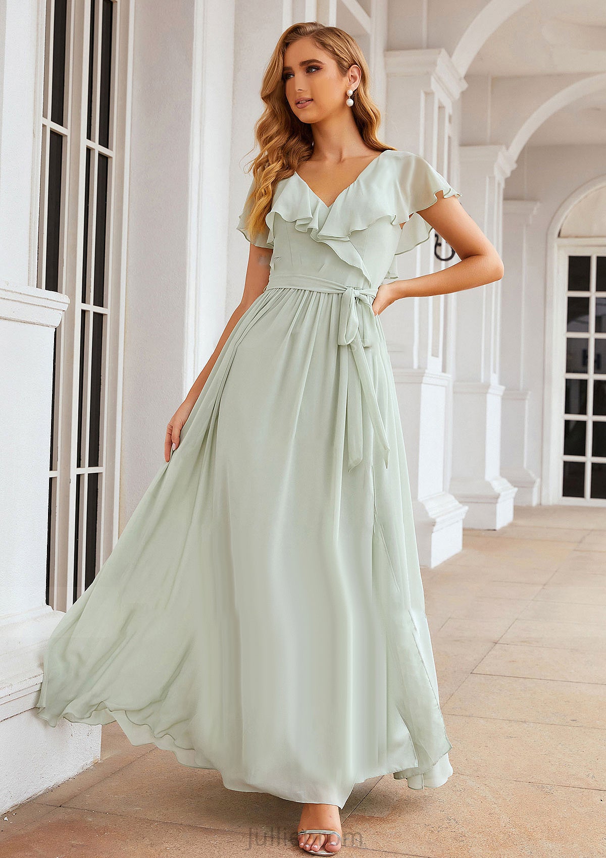 A-line V Neck Short Sleeve Long/Floor-Length Chiffon Bridesmaid Dresses With Sashes Ruffles Miranda DQP0025352