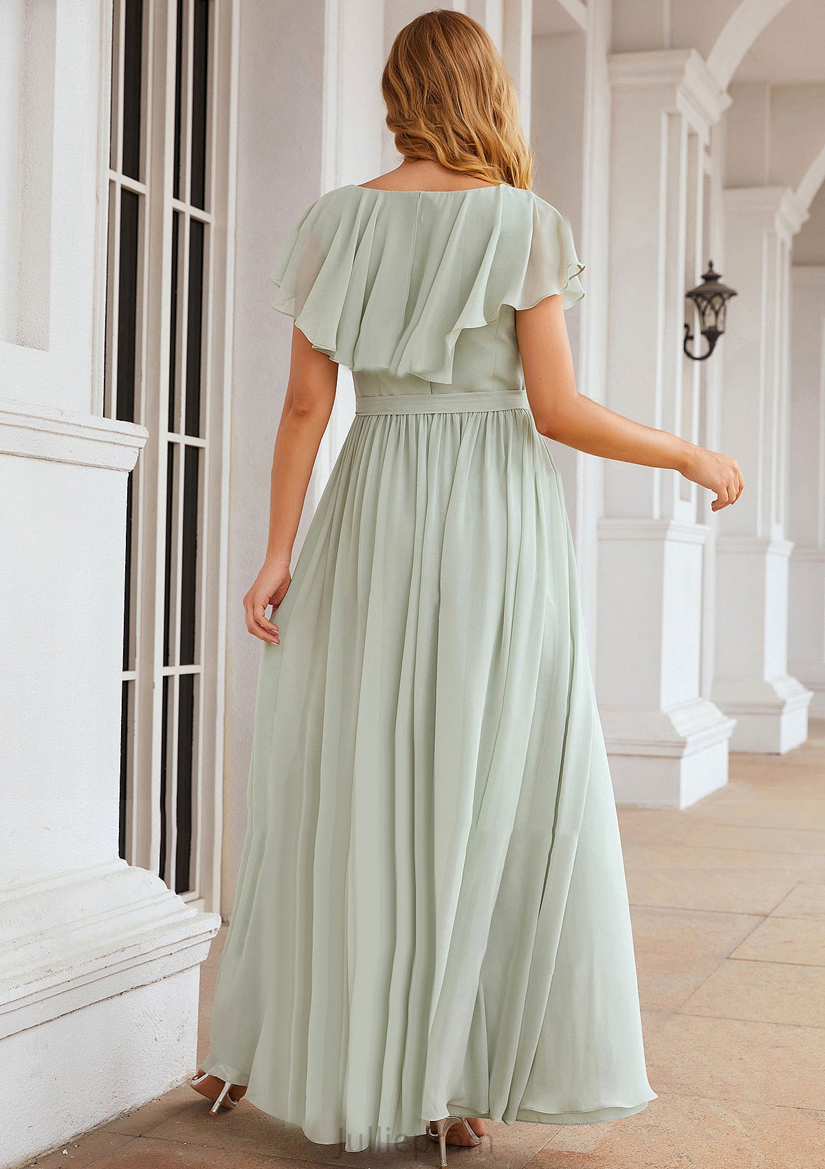 A-line V Neck Short Sleeve Long/Floor-Length Chiffon Bridesmaid Dresses With Sashes Ruffles Miranda DQP0025352