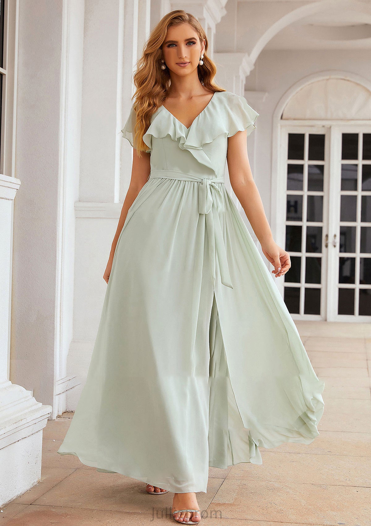 A-line V Neck Short Sleeve Long/Floor-Length Chiffon Bridesmaid Dresses With Sashes Ruffles Miranda DQP0025352