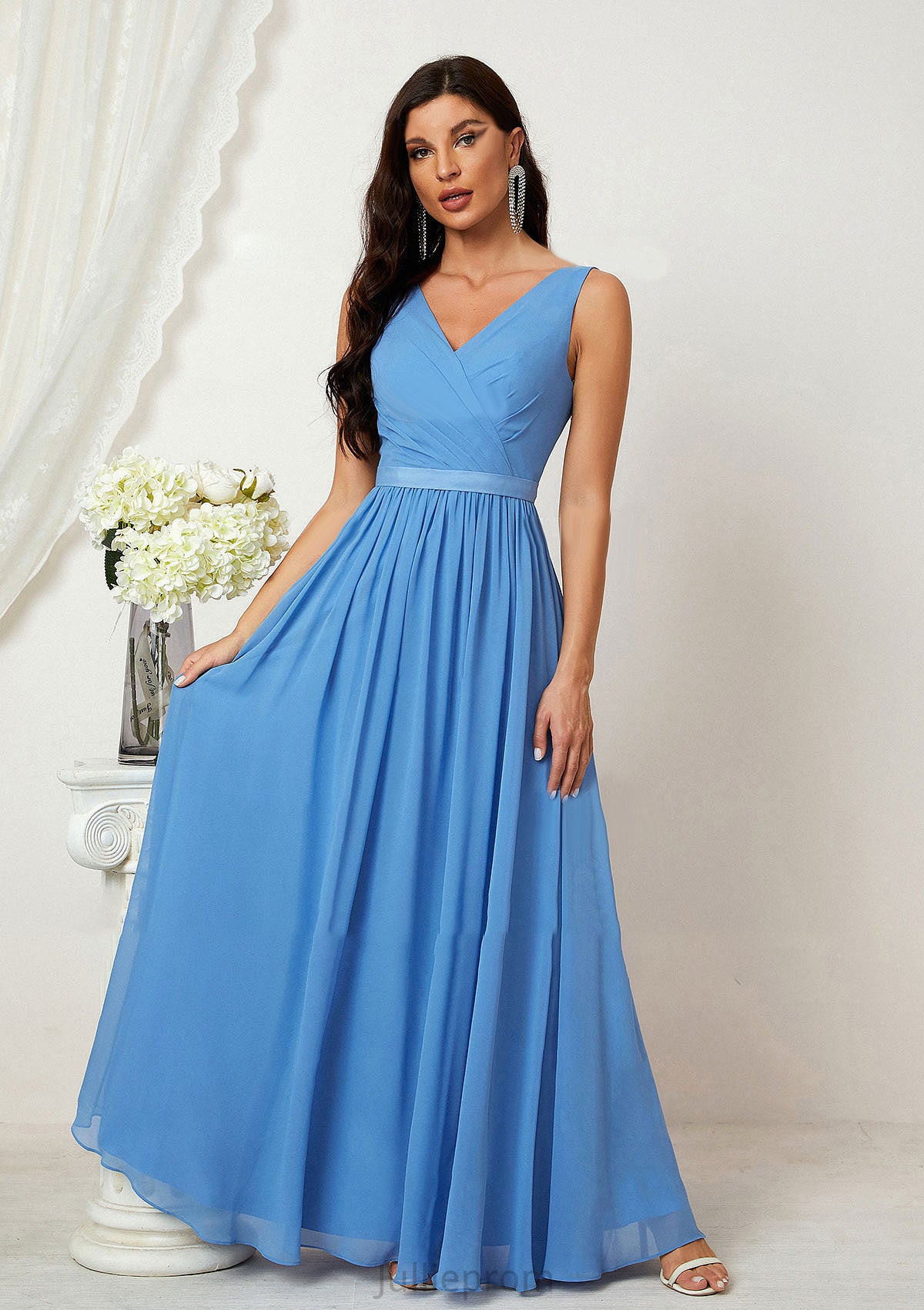 A-line V Neck Sleeveless Chiffon Long/Floor-Length Bridesmaid Dresses With Pleated Maliyah DQP0025360