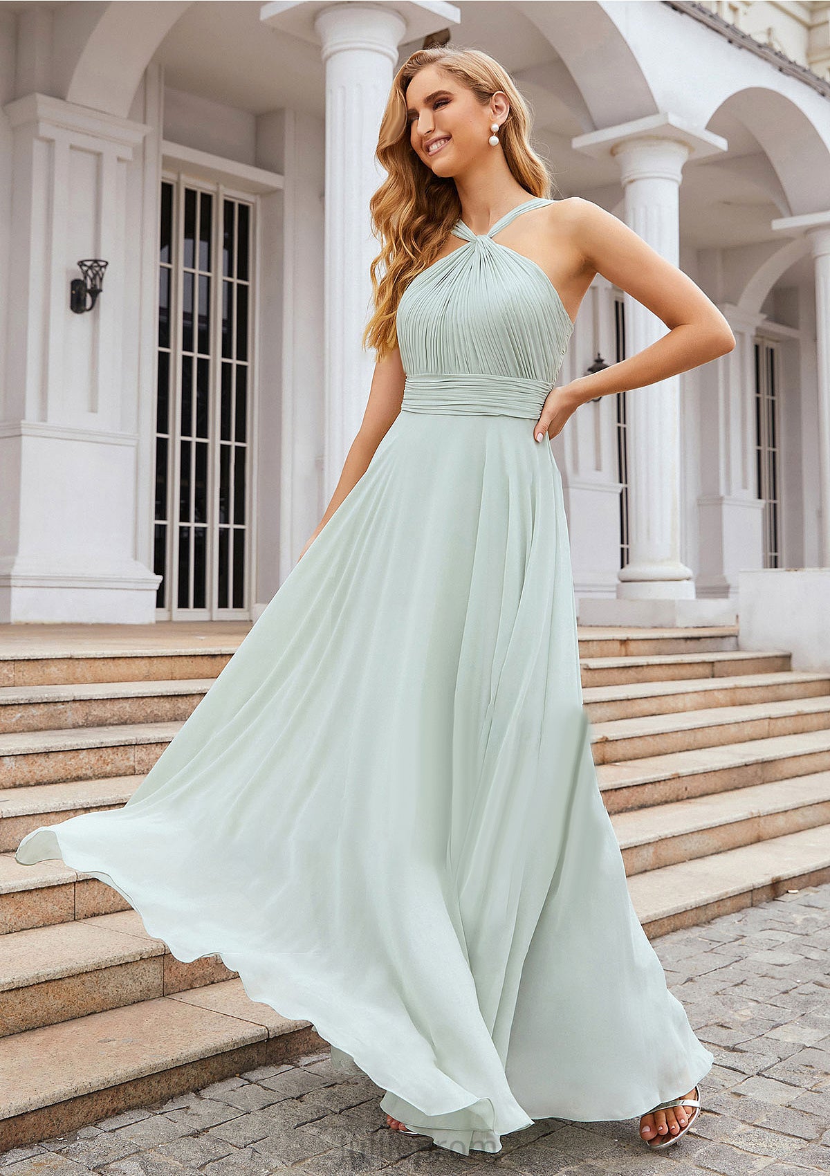 A-line Scalloped Neck Sleeveless Long/Floor-Length Chiffon Bridesmaid Dresses With Pleated Elisabeth DQP0025366