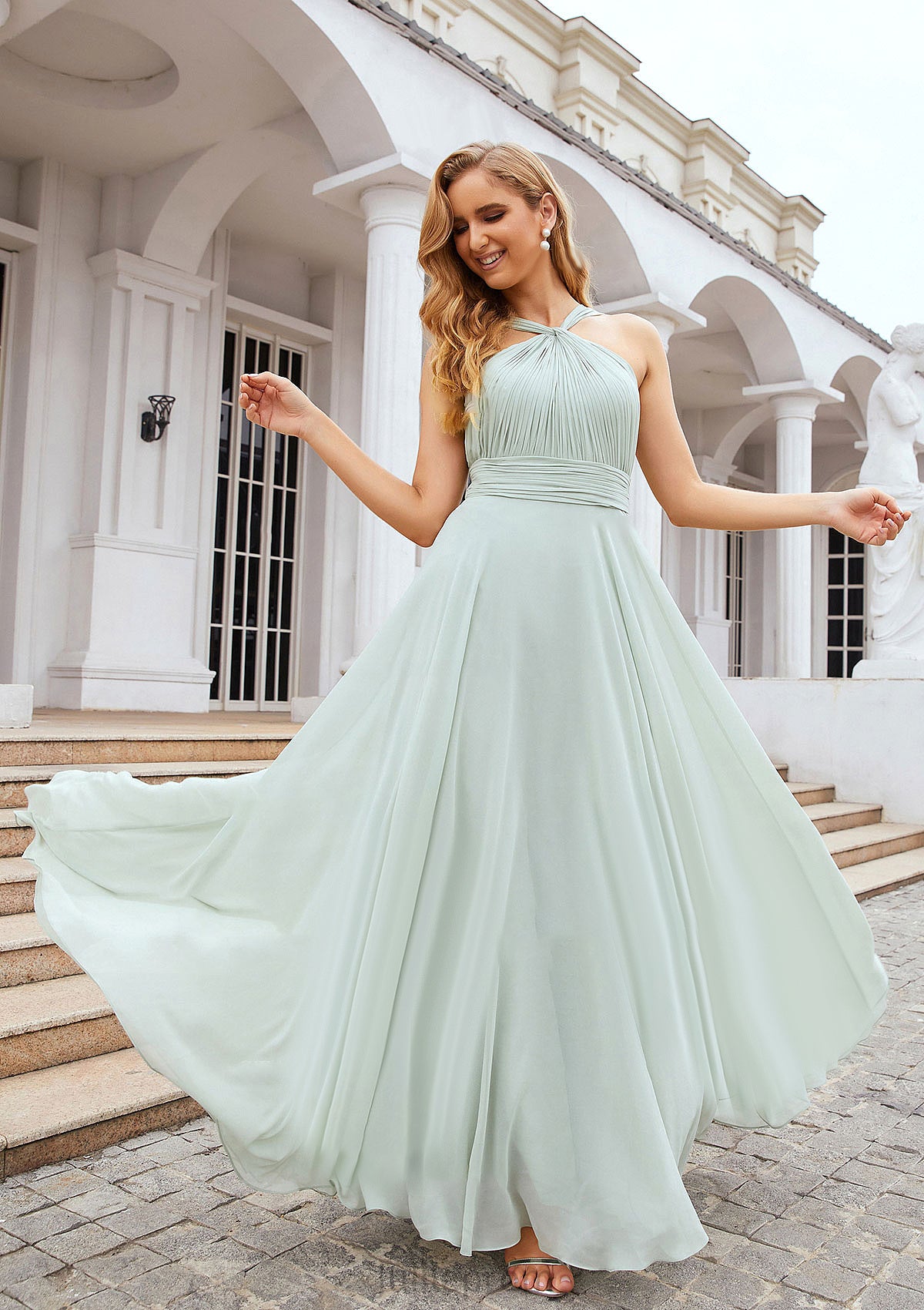 A-line Scalloped Neck Sleeveless Long/Floor-Length Chiffon Bridesmaid Dresses With Pleated Elisabeth DQP0025366