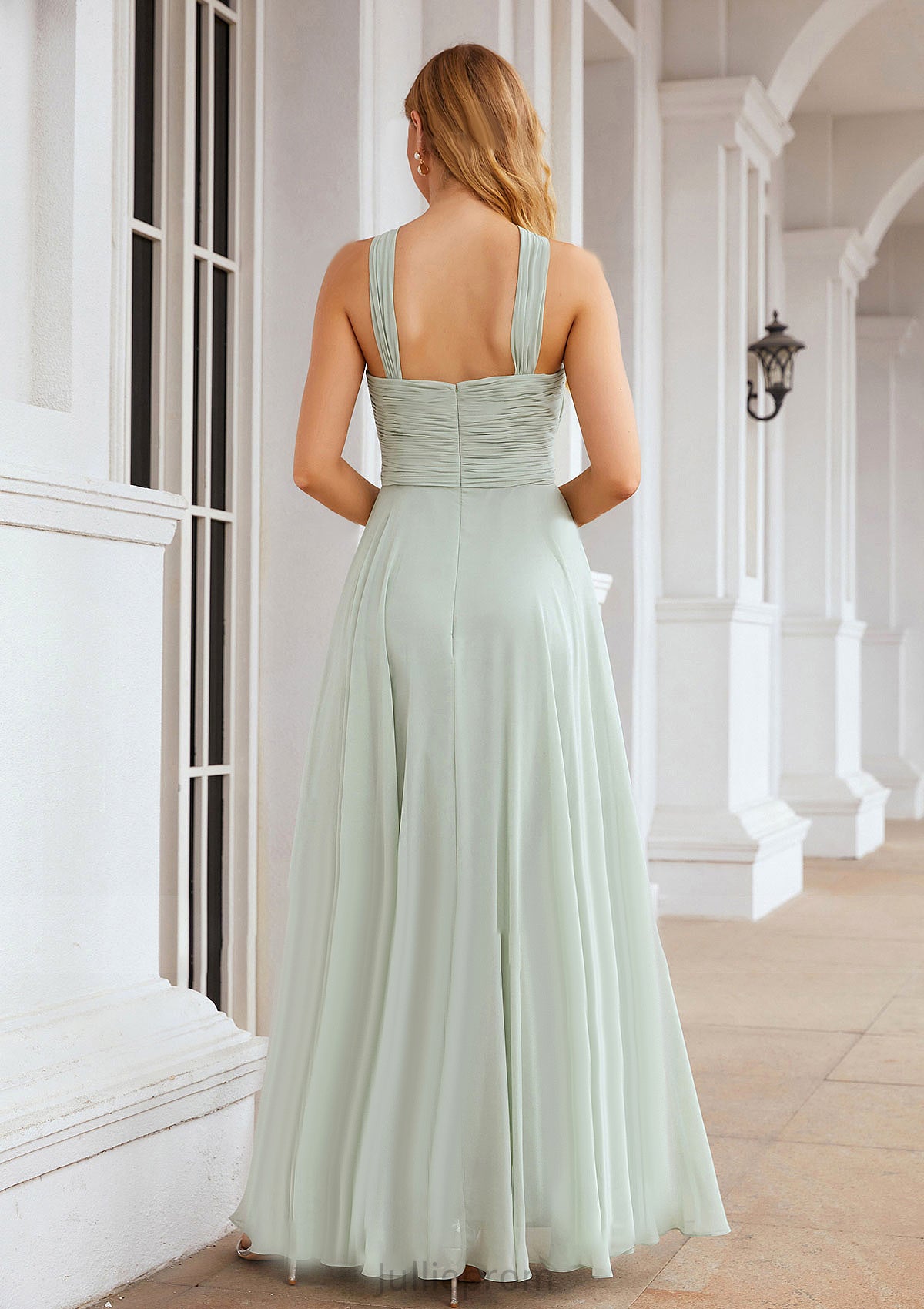 A-line Scalloped Neck Sleeveless Long/Floor-Length Chiffon Bridesmaid Dresses With Pleated Elisabeth DQP0025366