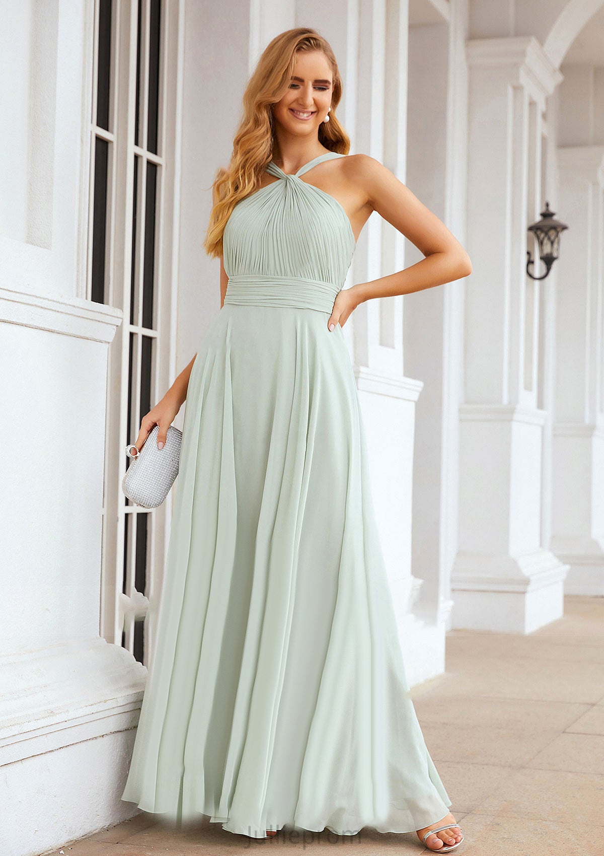 A-line Scalloped Neck Sleeveless Long/Floor-Length Chiffon Bridesmaid Dresses With Pleated Elisabeth DQP0025366