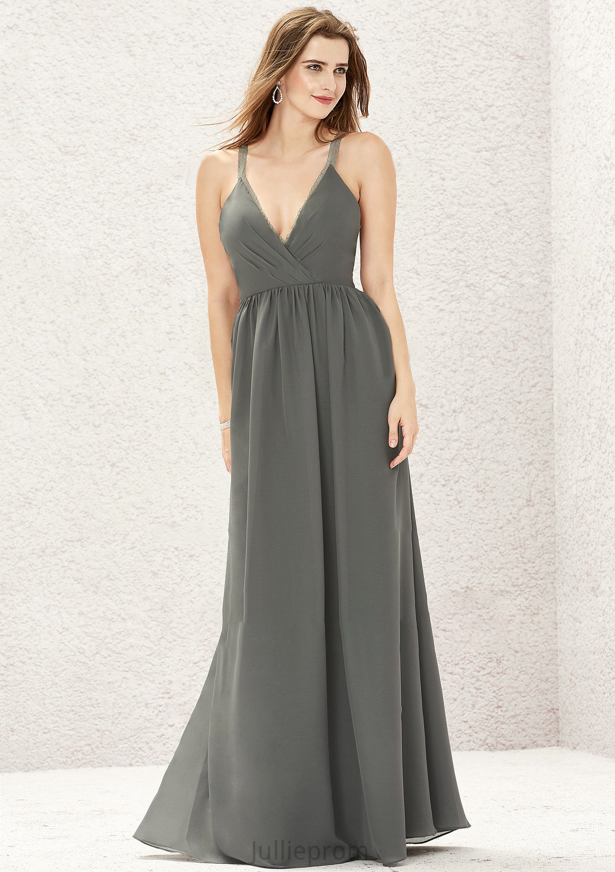 A-line V Neck Sleeveless Chiffon Long/Floor-Length Bridesmaid Dresses With Pleated Lace Belen DQP0025367