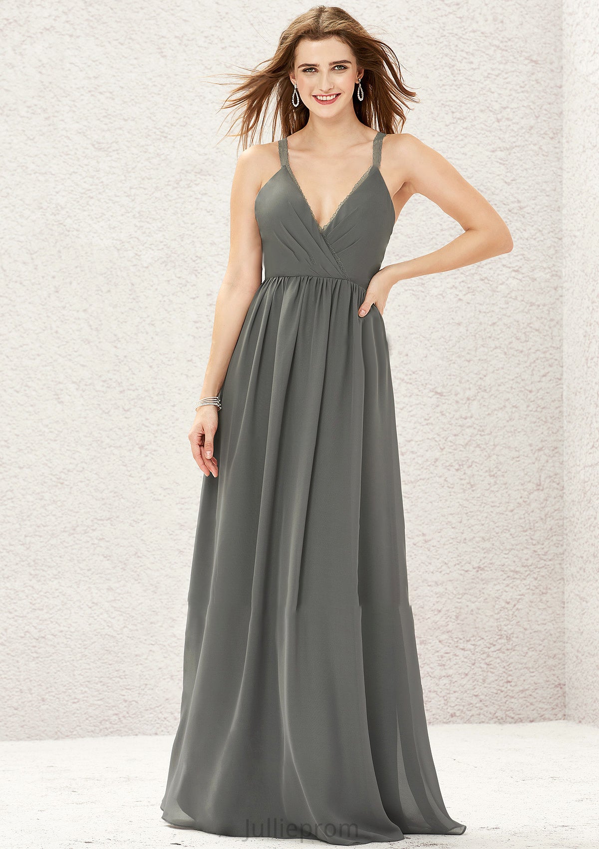 A-line V Neck Sleeveless Chiffon Long/Floor-Length Bridesmaid Dresses With Pleated Lace Belen DQP0025367