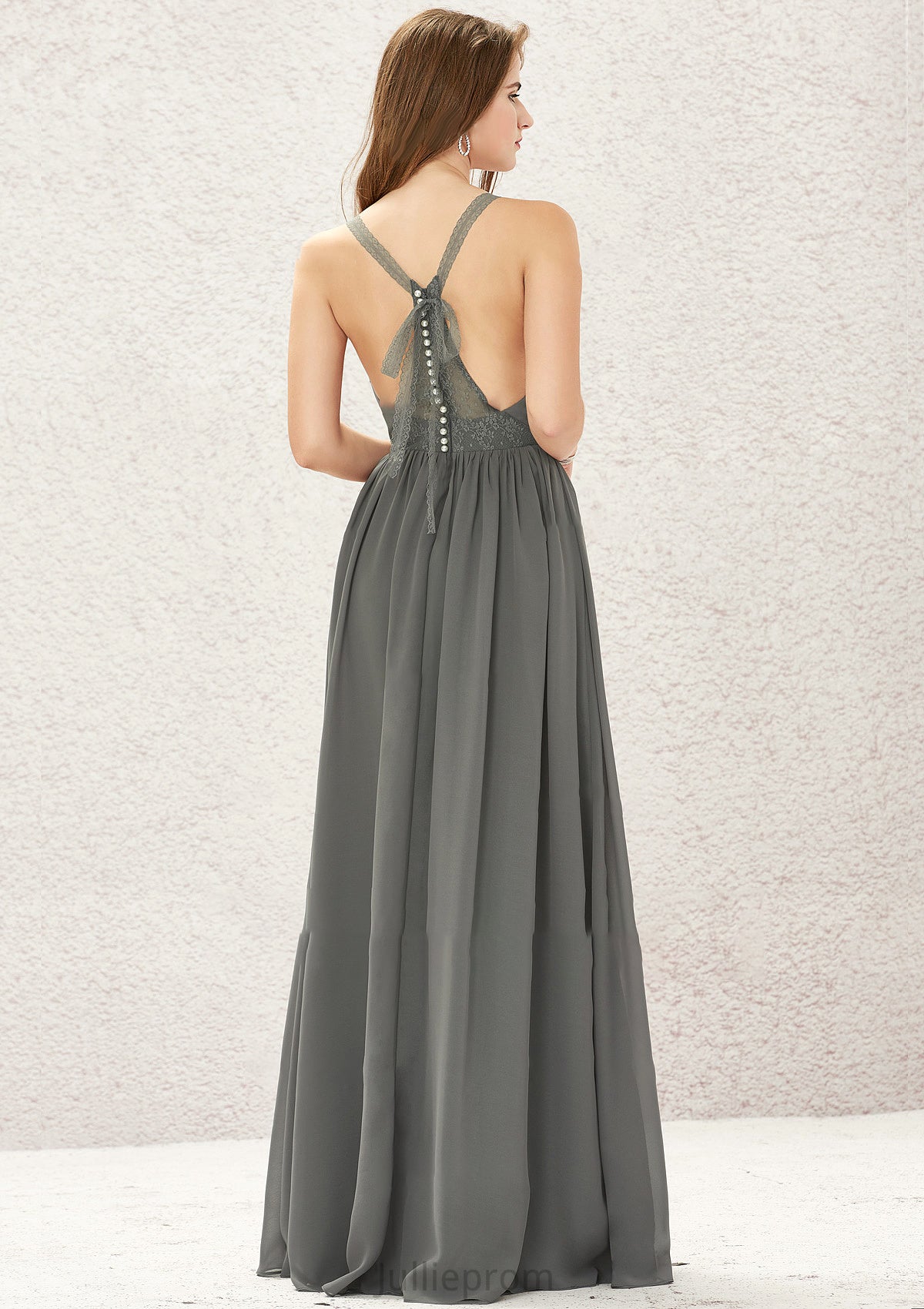 A-line V Neck Sleeveless Chiffon Long/Floor-Length Bridesmaid Dresses With Pleated Lace Belen DQP0025367