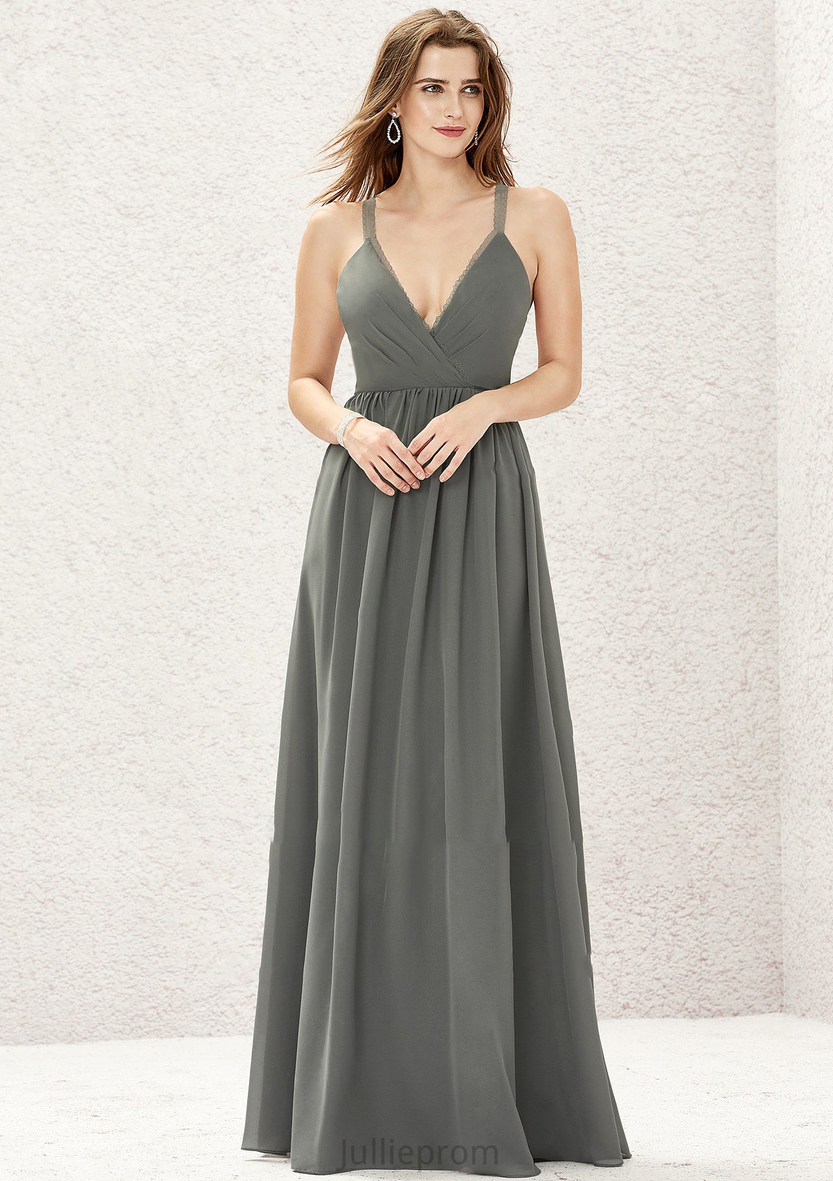 A-line V Neck Sleeveless Chiffon Long/Floor-Length Bridesmaid Dresses With Pleated Lace Belen DQP0025367