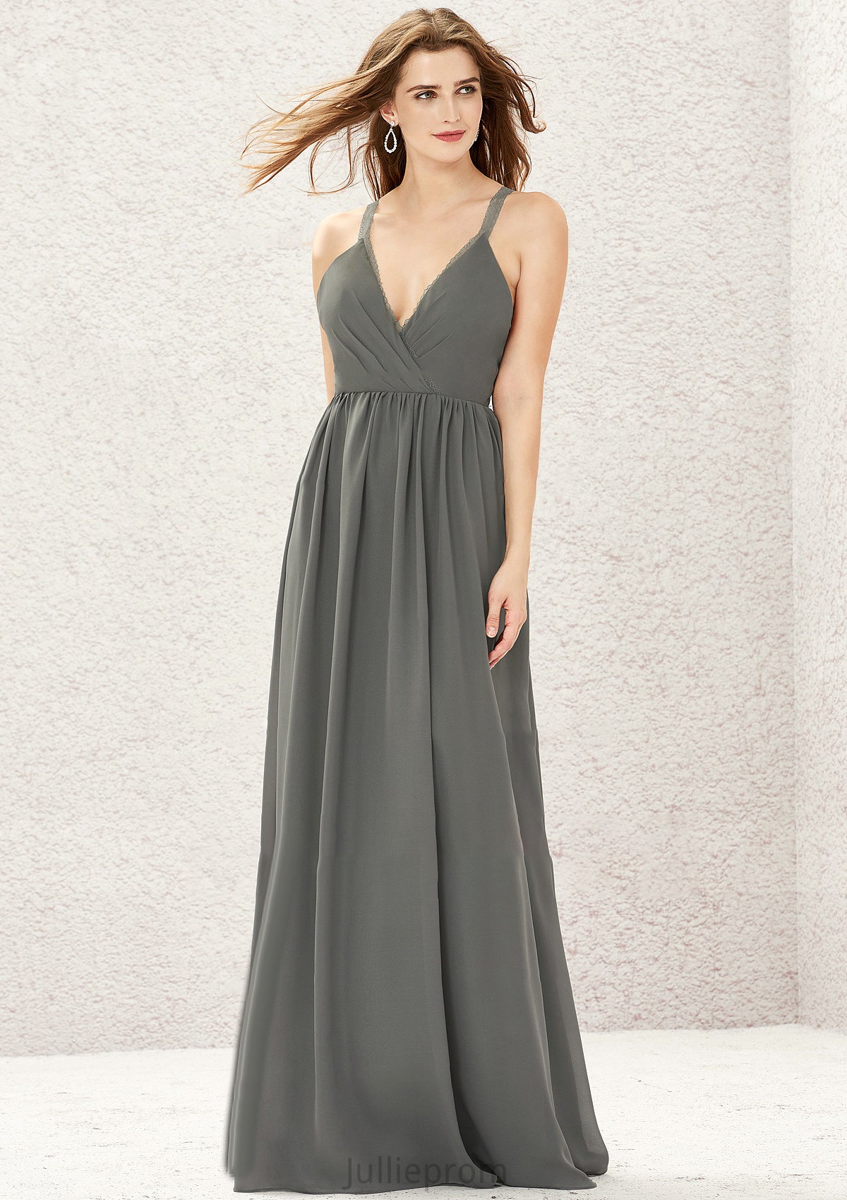 A-line V Neck Sleeveless Chiffon Long/Floor-Length Bridesmaid Dresses With Pleated Lace Belen DQP0025367