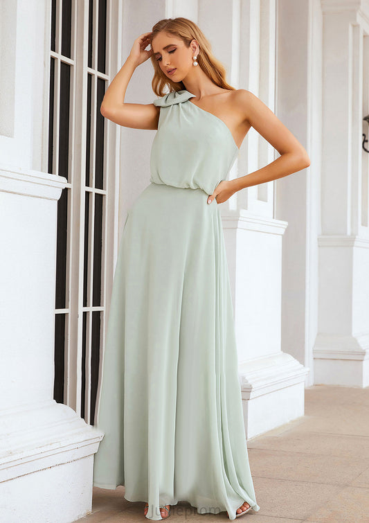 A-line One-Shoulder Sleeveless Long/Floor-Length Chiffon Bridesmaid Dresses With Shoulder Flower Mareli DQP0025369