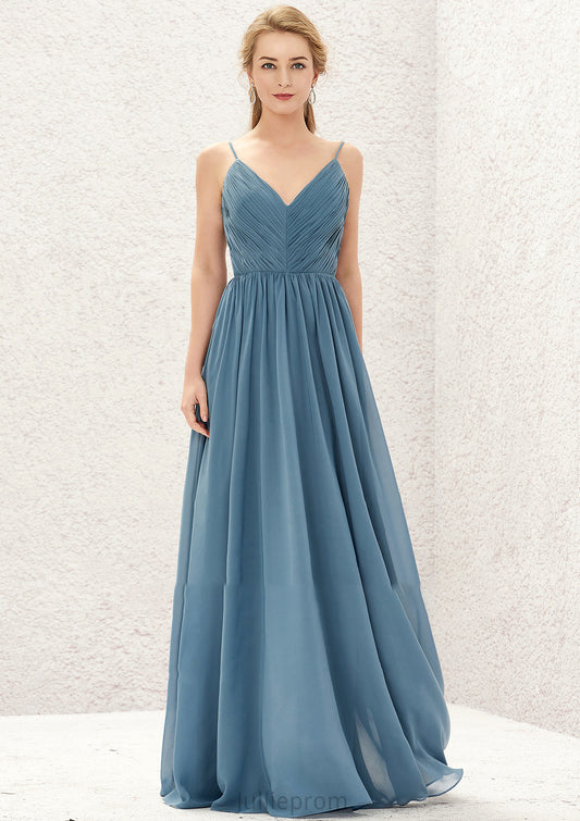 A-line V Neck Sleeveless Chiffon Long/Floor-Length Bridesmaid Dresses With Pleated Lucy DQP0025370