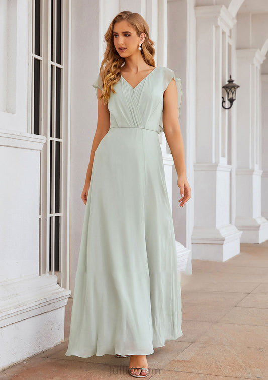 A-line V Neck Sleeveless Long/Floor-Length Chiffon Bridesmaid Dresses With Pleated Split Abbie DQP0025372