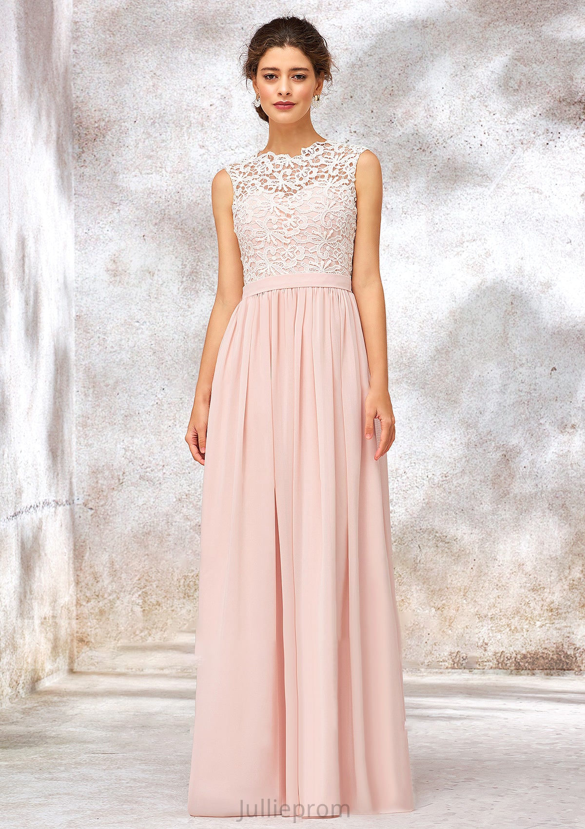 Scoop Neck Sleeveless Long/Floor-Length Chiffon A-line/Princess Bridesmaid Dresses With Lace Aniya DQP0025398