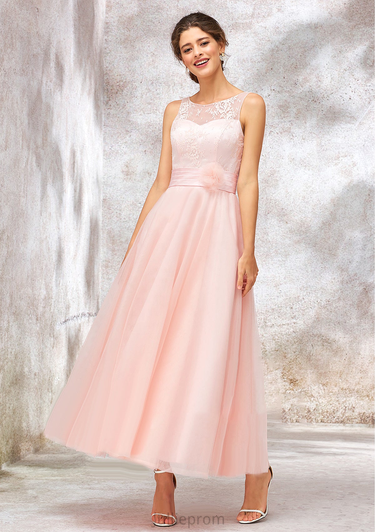 Bateau Sleeveless Tea-Length Tulle A-line/Princess Bridesmaid Dresses With Waistband Lace Evelyn DQP0025403