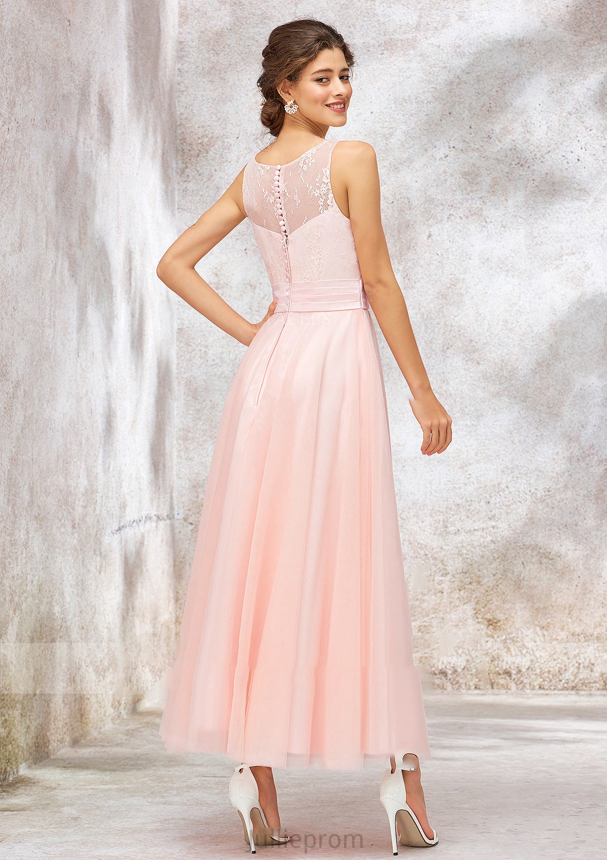 Bateau Sleeveless Tea-Length Tulle A-line/Princess Bridesmaid Dresses With Waistband Lace Evelyn DQP0025403