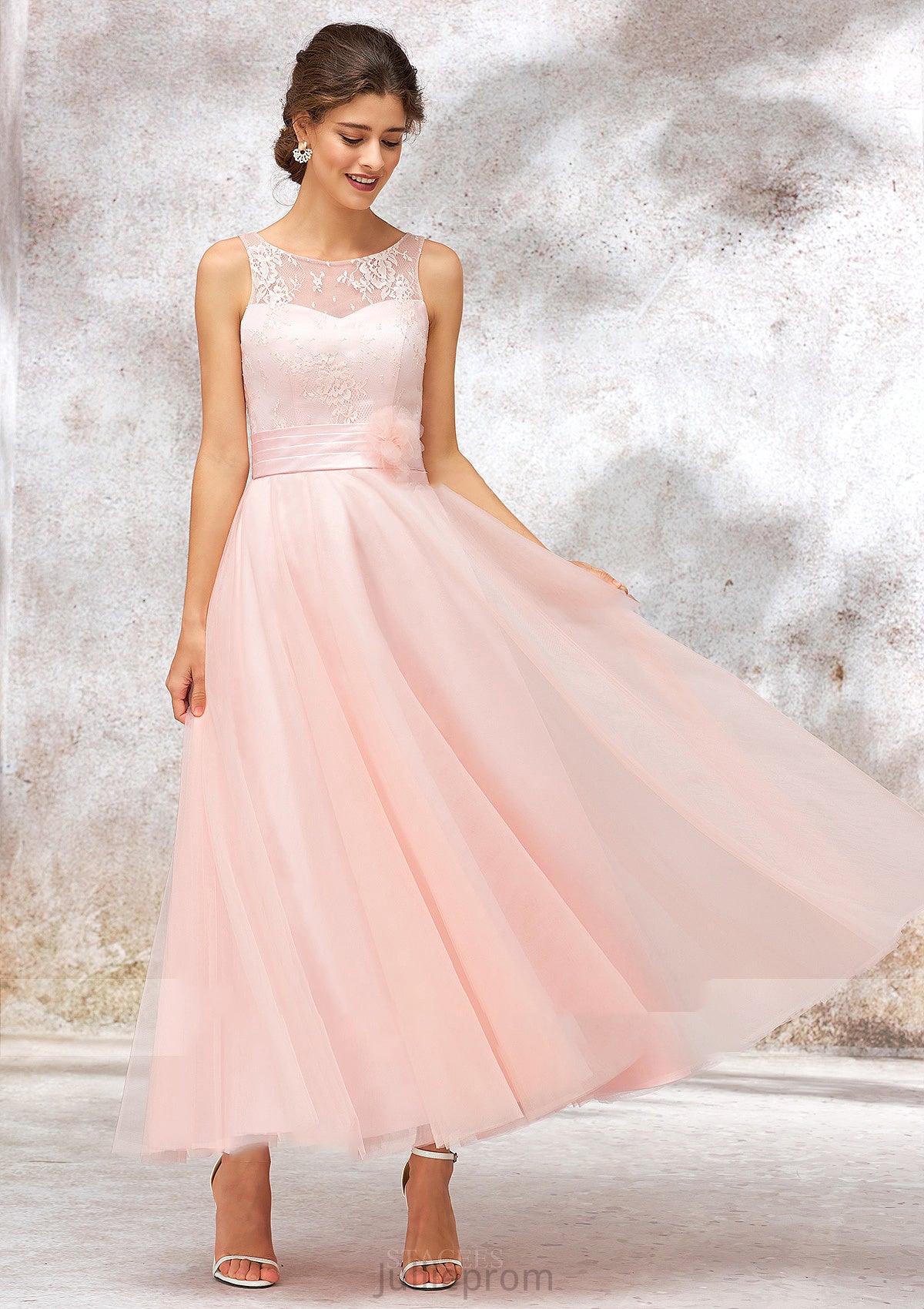 Bateau Sleeveless Tea-Length Tulle A-line/Princess Bridesmaid Dresses With Waistband Lace Evelyn DQP0025403