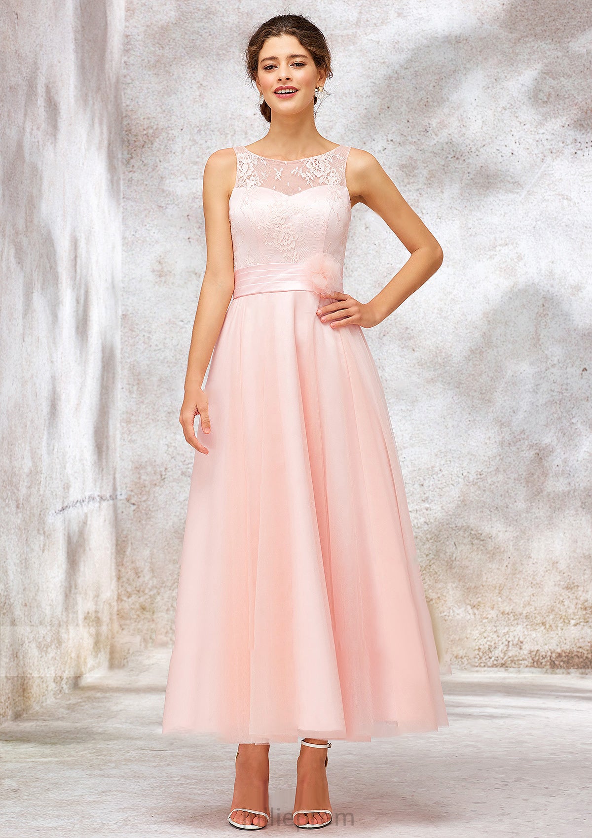 Bateau Sleeveless Tea-Length Tulle A-line/Princess Bridesmaid Dresses With Waistband Lace Evelyn DQP0025403