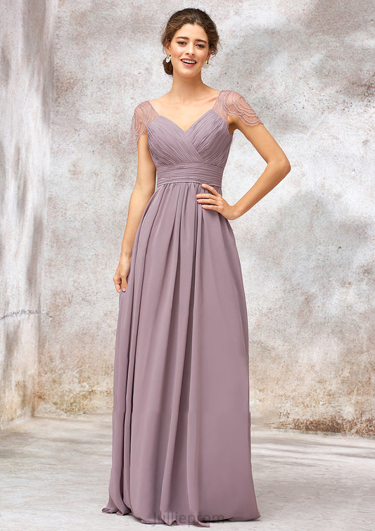 V Neck Long/Floor-Length Chiffon A-line/Princess Bridesmaid Dresses With Pleated Beading Teresa DQP0025416