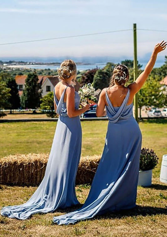 A-line V Neck Sleeveless Court Train Chiffon Bridesmaid Dresses With Pleated Jillian DQP0025419