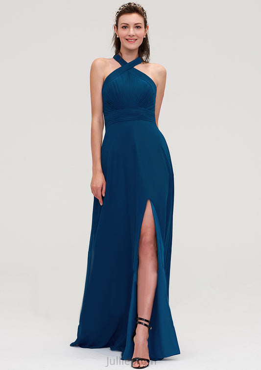 Scalloped Neck Sleeveless A-line/Princess Chiffon Long/Floor-Length Bridesmaid Dresseses With Split Pleated Giuliana DQP0025424