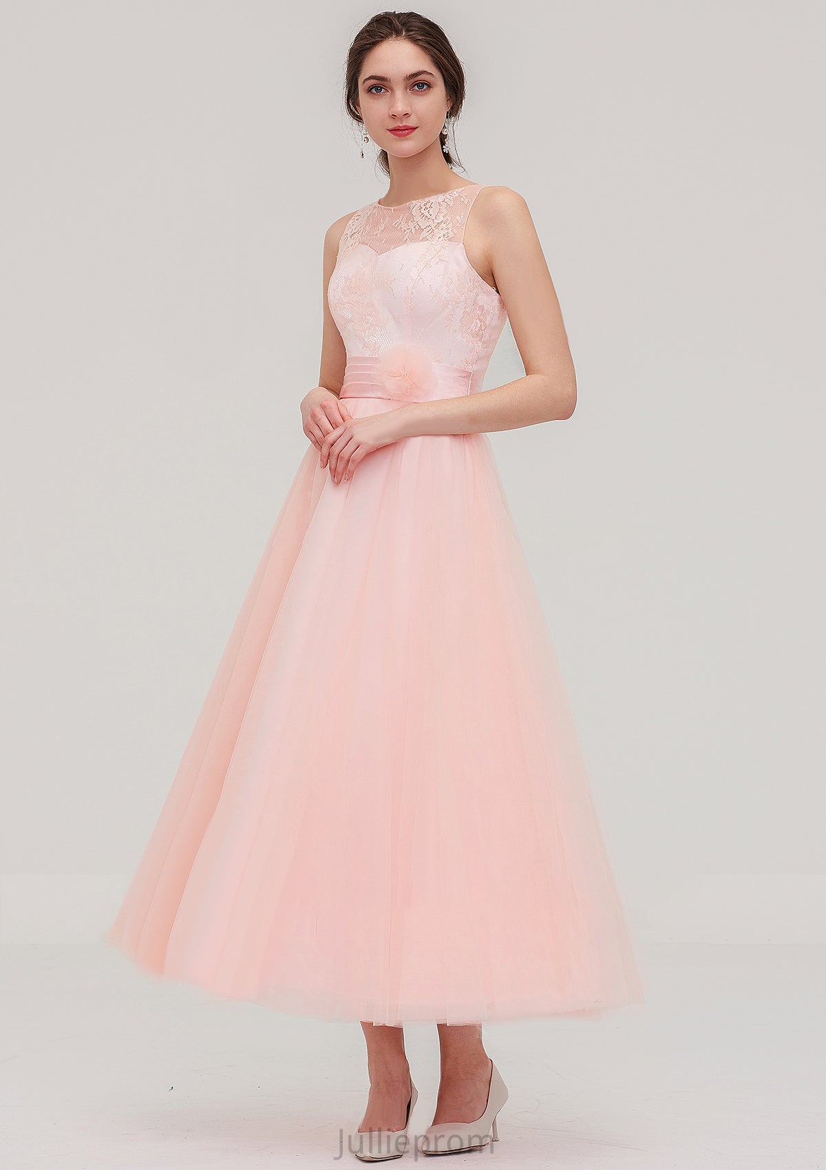 Tea-Length Sleeveless Bateau Tulle A-line/Princess Bridesmaid Dresses With Waistband Lace Areli DQP0025429