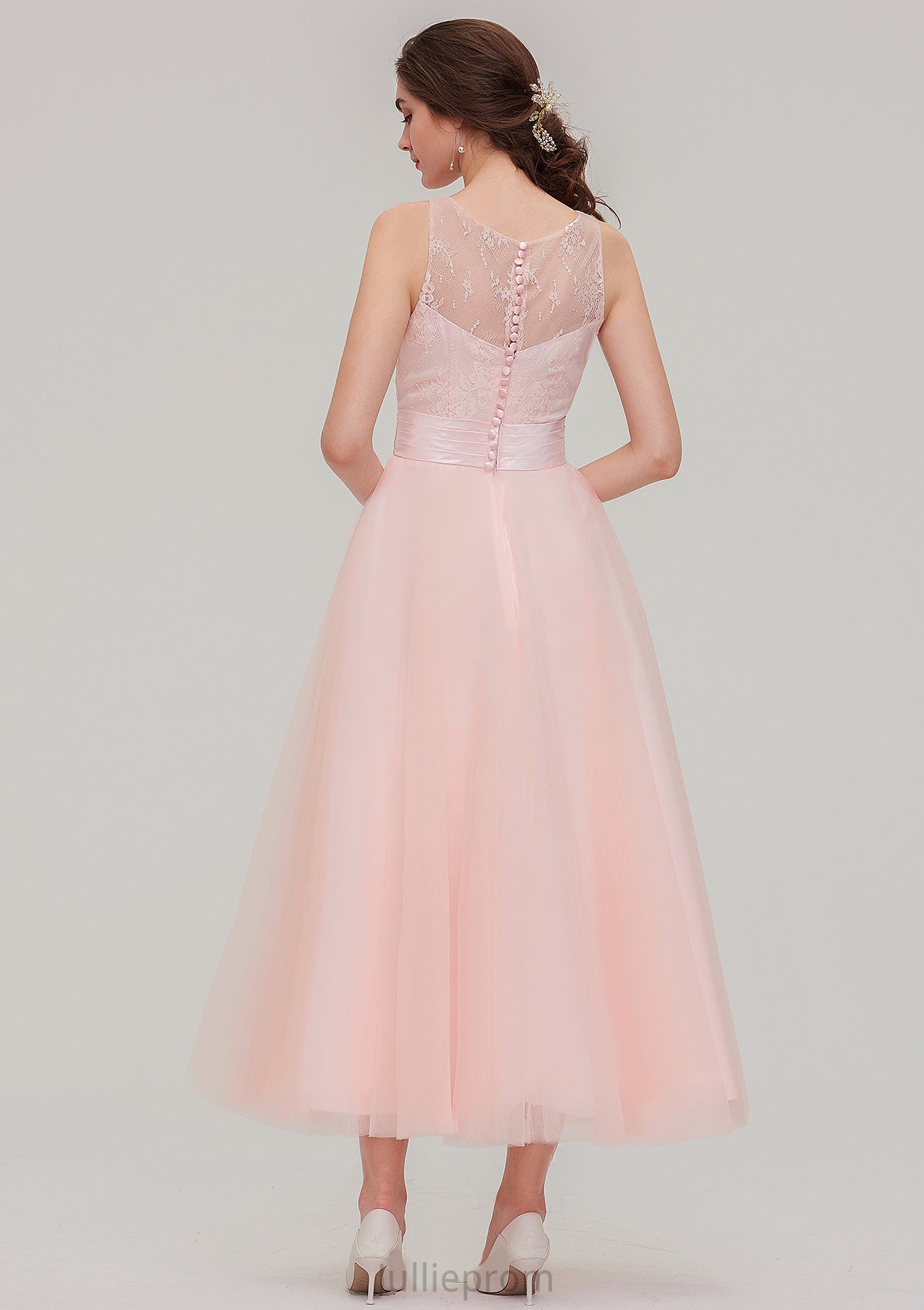 Tea-Length Sleeveless Bateau Tulle A-line/Princess Bridesmaid Dresses With Waistband Lace Areli DQP0025429