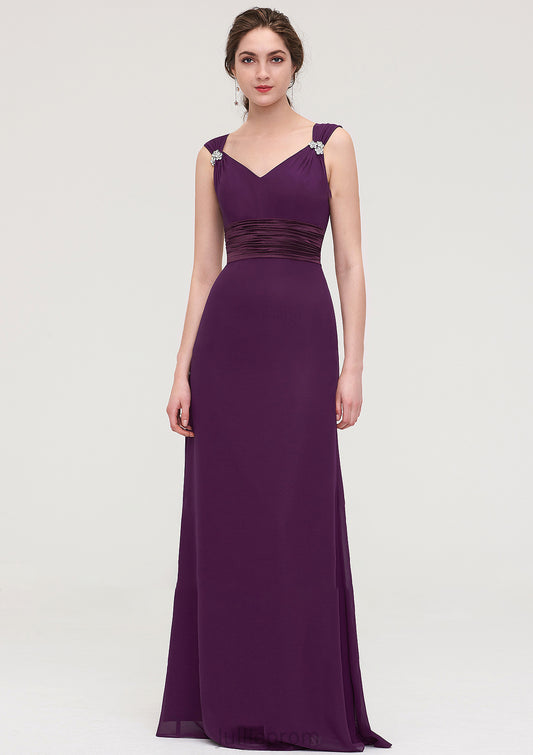 Sleeveless V Neck Long/Floor-Length Sheath/Column Chiffon Bridesmaid Dresses With Sashes Beading Pleated Moriah DQP0025432