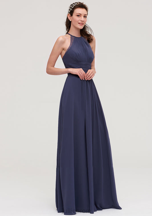 Scoop Neck Sleeveless A-line/Princess Chiffon Long/Floor-Length Bridesmaid Dresseses With Pleated Appliqued Jessie DQP0025439