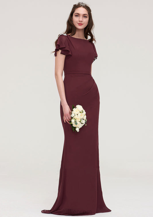 Short Sleeve Bateau Long/Floor-Length Sheath/Column Chiffon Bridesmaid Dresses With Crystal Detailing Sashes Evie DQP0025440