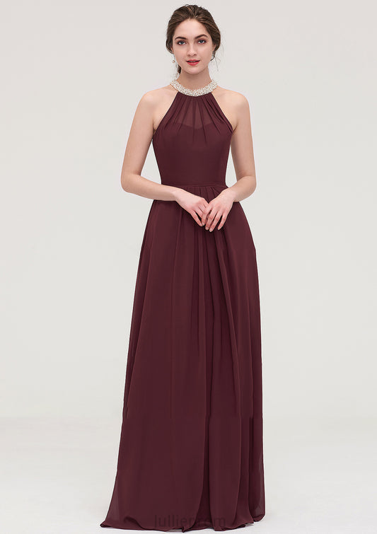 Sleeveless Halter Long/Floor-Length Chiffon A-line/Princess Bridesmaid Dresses With Beading Pleated Keely DQP0025445