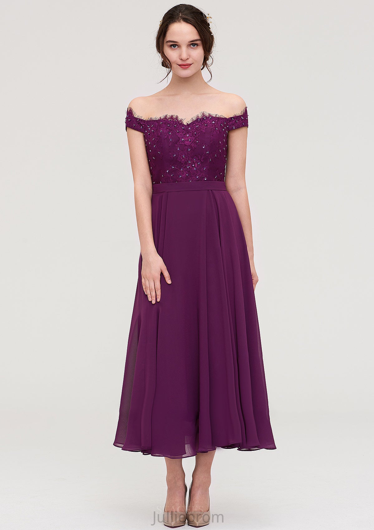 Off-the-Shoulder Sleeveless Tea-Length Chiffon A-line/Princess Bridesmaid Dresses With Lace Beading Audrina DQP0025446