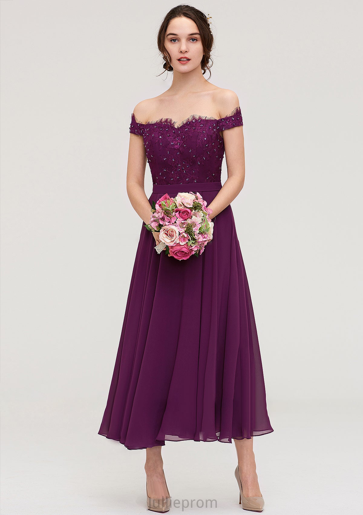 Off-the-Shoulder Sleeveless Tea-Length Chiffon A-line/Princess Bridesmaid Dresses With Lace Beading Audrina DQP0025446