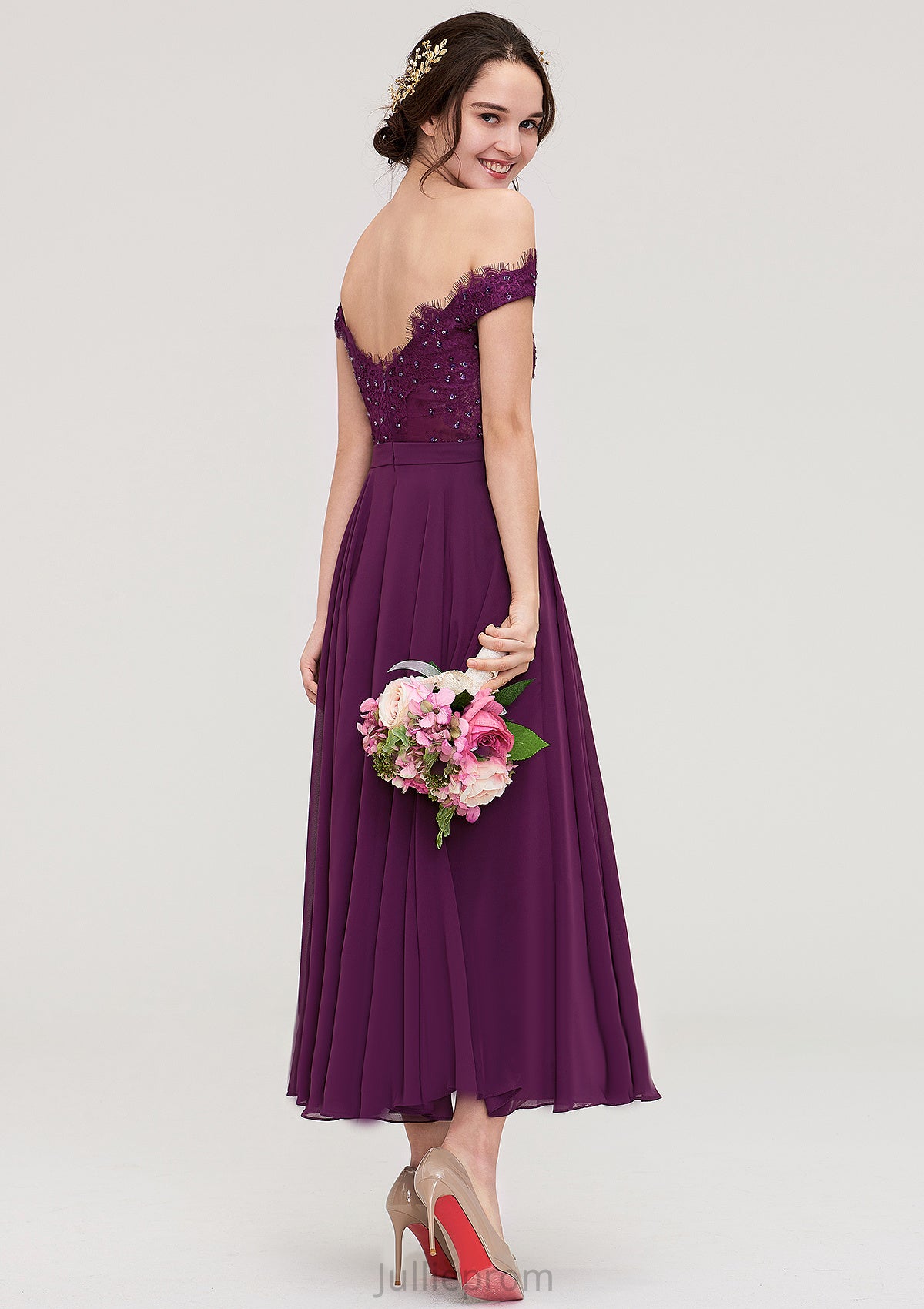 Off-the-Shoulder Sleeveless Tea-Length Chiffon A-line/Princess Bridesmaid Dresses With Lace Beading Audrina DQP0025446