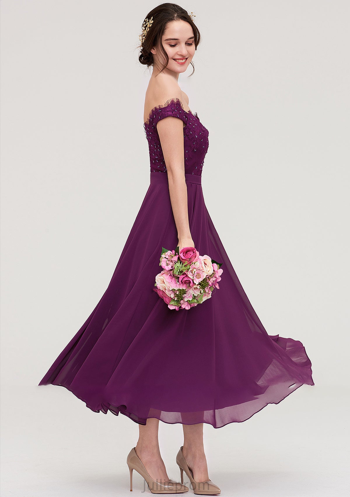 Off-the-Shoulder Sleeveless Tea-Length Chiffon A-line/Princess Bridesmaid Dresses With Lace Beading Audrina DQP0025446