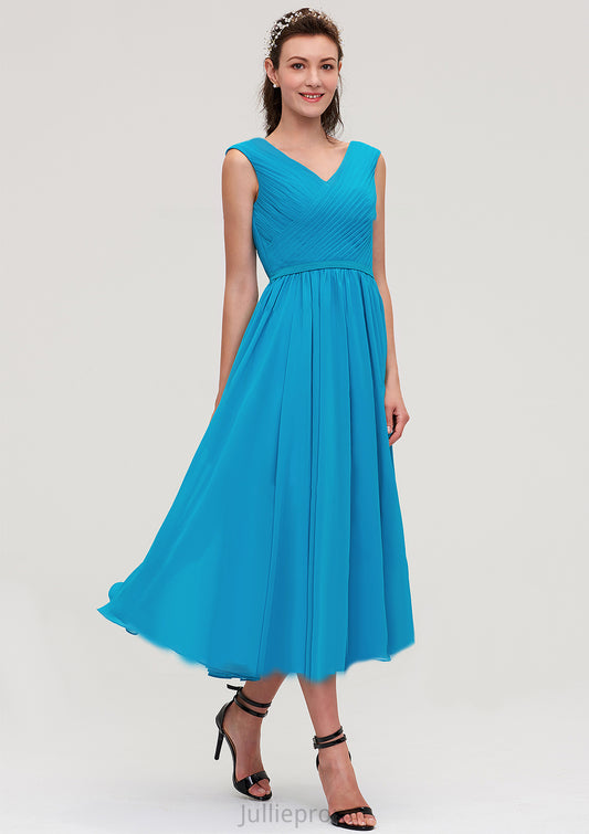 Sleeveless V Neck Tea-Length Chiffon A-line/Princess Bridesmaid Dresseses With Pleated Silvia DQP0025448