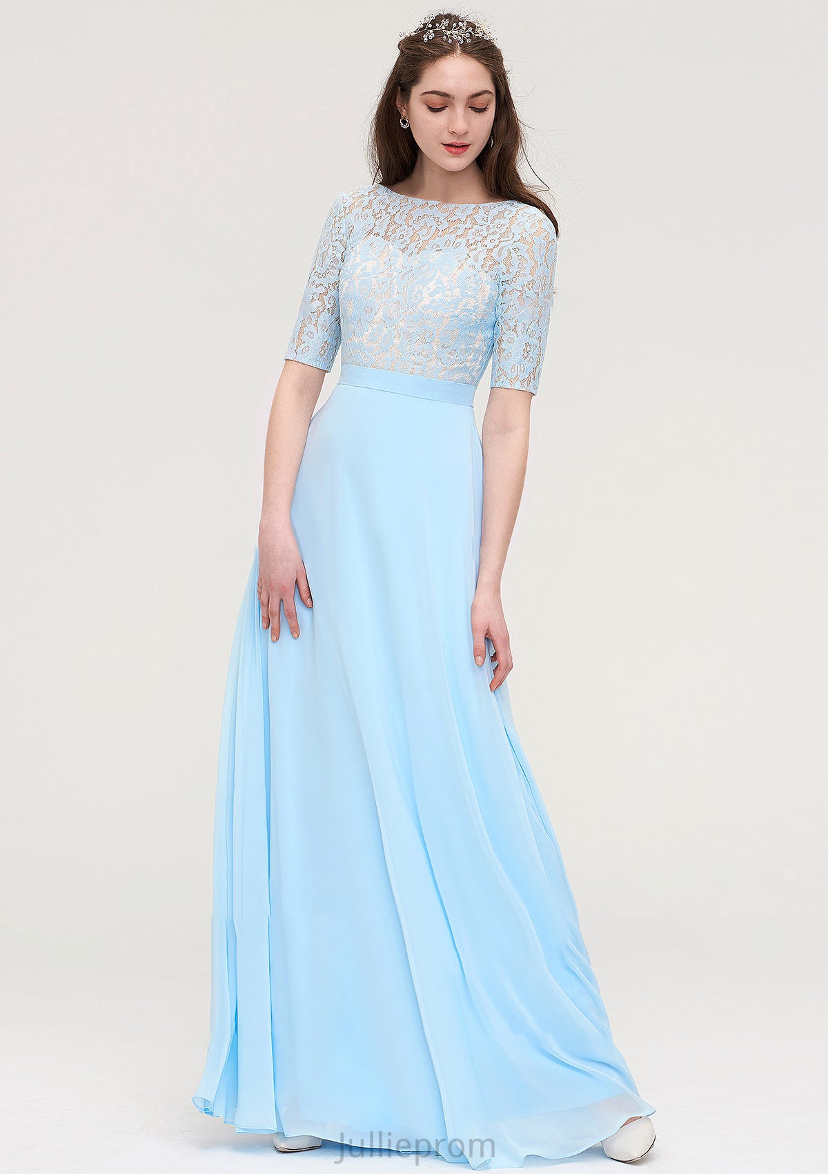 Half Sleeve Long/Floor-Length Bateau Chiffon A-line/Princess Bridesmaid Dresses With Lace Lola DQP0025450