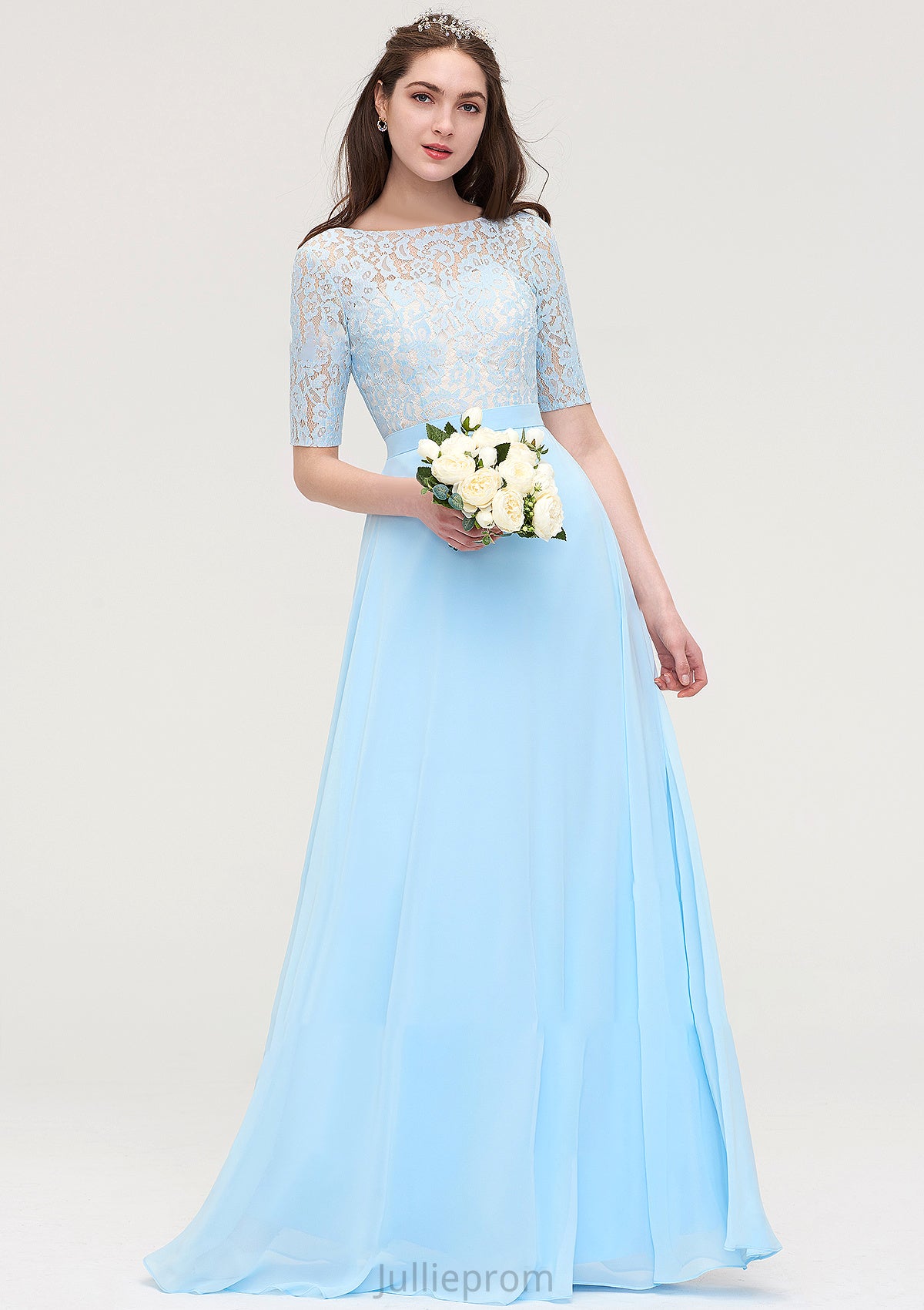 Half Sleeve Long/Floor-Length Bateau Chiffon A-line/Princess Bridesmaid Dresses With Lace Lola DQP0025450