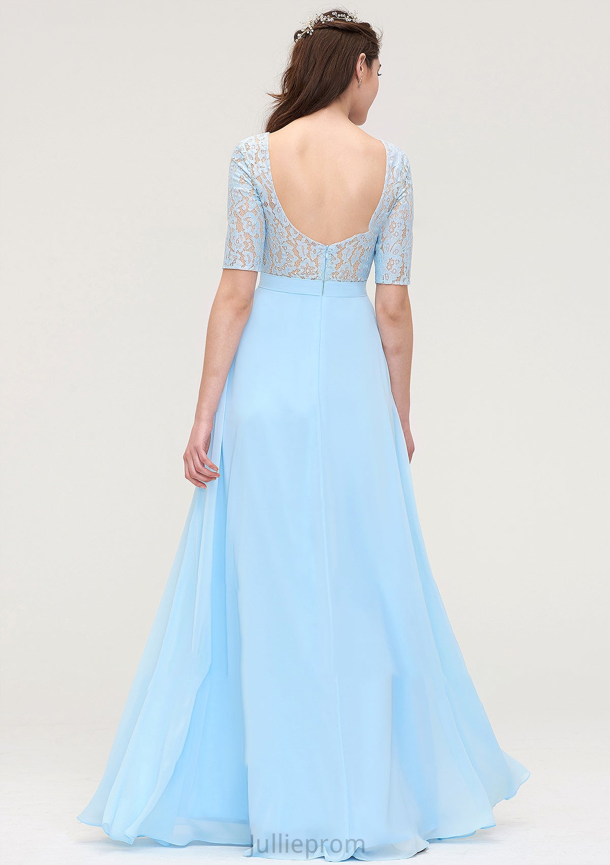 Half Sleeve Long/Floor-Length Bateau Chiffon A-line/Princess Bridesmaid Dresses With Lace Lola DQP0025450