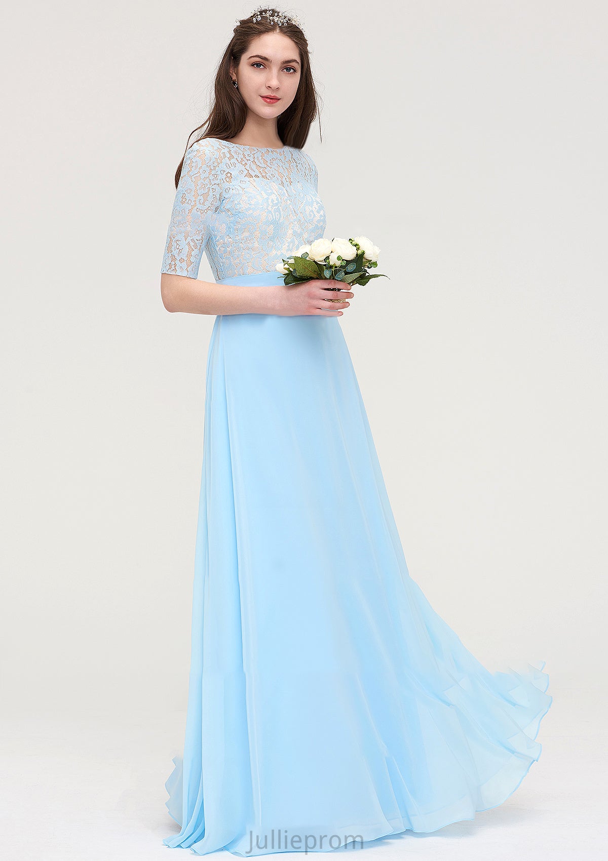 Half Sleeve Long/Floor-Length Bateau Chiffon A-line/Princess Bridesmaid Dresses With Lace Lola DQP0025450