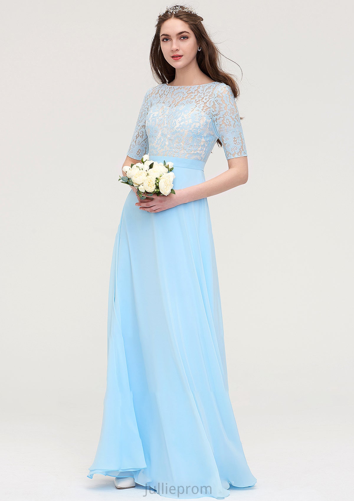 Half Sleeve Long/Floor-Length Bateau Chiffon A-line/Princess Bridesmaid Dresses With Lace Lola DQP0025450