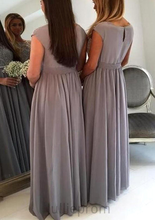 Bateau A-Line/Princess Long/Floor-Length Chiffon Bridesmaid Dresses With Appliqued Rhoda DQP0025517