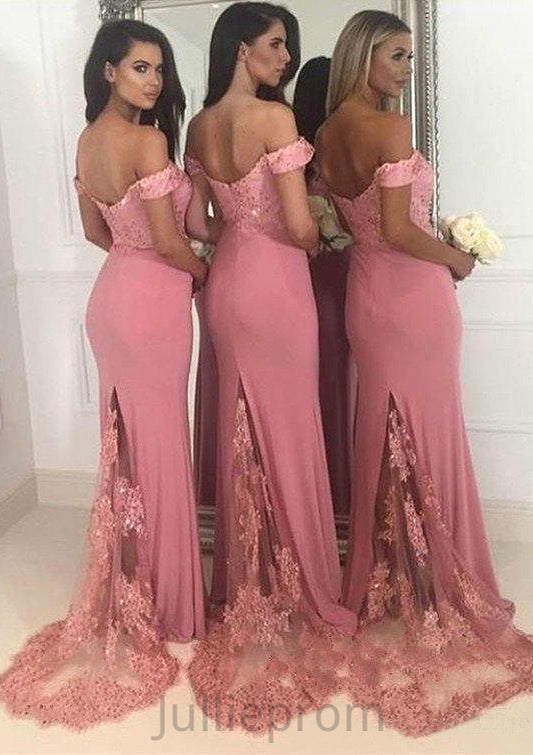 Sleeveless Off-the-Shoulder Sweep Train Sheath/Column Jersey Bridesmaid Dresseses With Lace Beading Lara DQP0025519