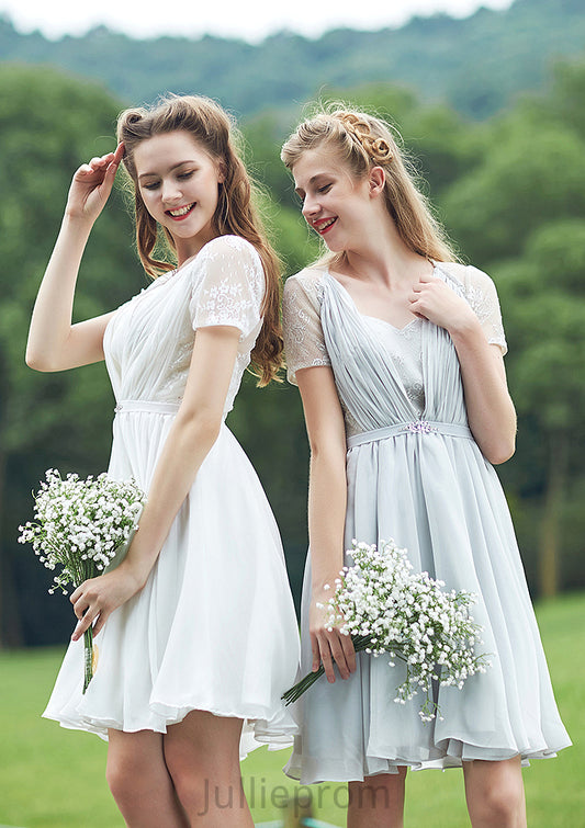 Short/Mini Scalloped Neck Short Sleeve Chiffon A-line/Princess Bridesmaid Dresseses With Lace Haven DQP0025520