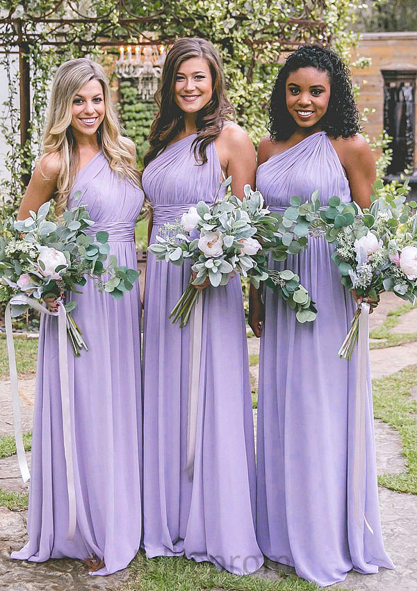 One-Shoulder A-Line/Princess Long/Floor-Length Chiffon Bridesmaid Dresses With Pleated Sheila DQP0025544